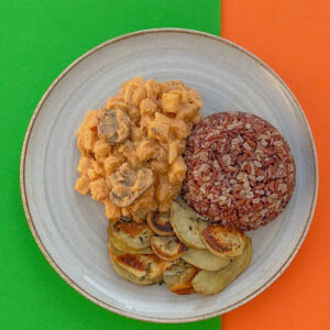 Vegano - STROGONOFF COM COGUMELOS FRESCOS, ARROZ INTEGRAL VERMELHO, BATATA DOCE ASSADA