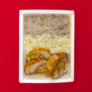 BBF - ROLÊ DE SOBRECOXA COM ARROZ E FEIJÃO